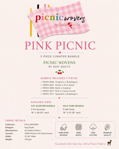 Pink Picnic Bundle | 5 Fat Quarters or Half Yards | Suzy Quilts Picnic WOVENS | Pink Fabric Bundle