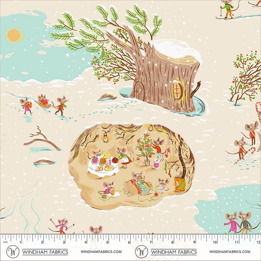 Christmas Mice | Heather Ross Favorites | Windham Fabrics Cotton | Christmas Mouse Fabric | Holiday Storybook Quilt Fabric