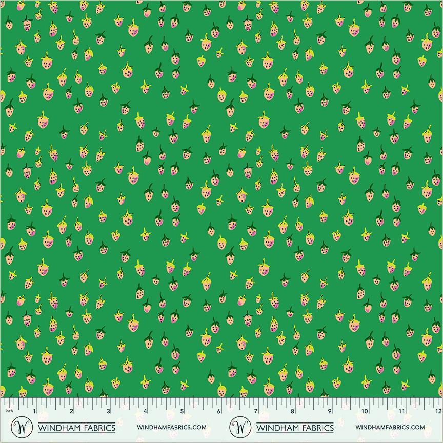 Field Strawberries Jade | Heather Ross Favorites | Windham Fabrics Cotton | Strawberry Fabric | Green Cottagecore Quilt Fabric