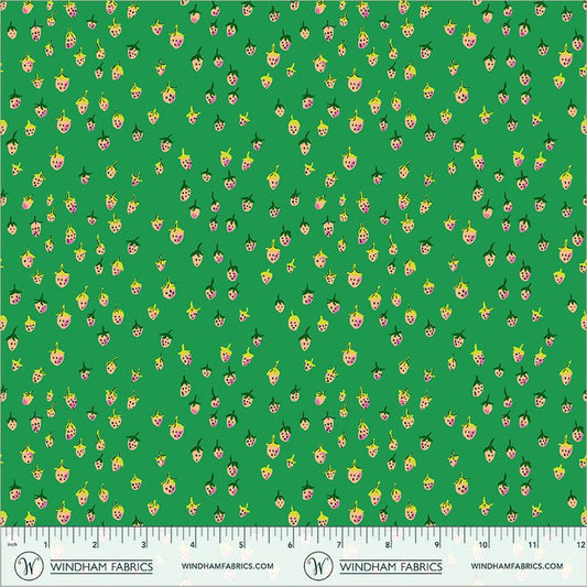 Field Strawberries Jade | Heather Ross Favorites | Windham Fabrics Cotton | Strawberry Fabric | Green Cottagecore Quilt Fabric