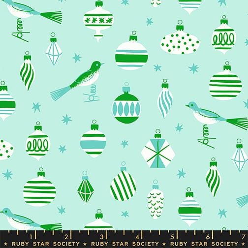 Merry Happy Mint Fabric by Kimberly Kight for Ruby Star Society | Aqua Christmas Ornament Fabric | Vintage Baubles Holiday Quilting Cotton