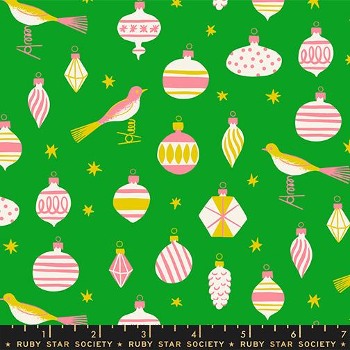 Merry Happy Verdant Fabric by Kimberly Kight for Ruby Star Society | Green Christmas Ornament Fabric | Vintage Baubles Holiday Cotton