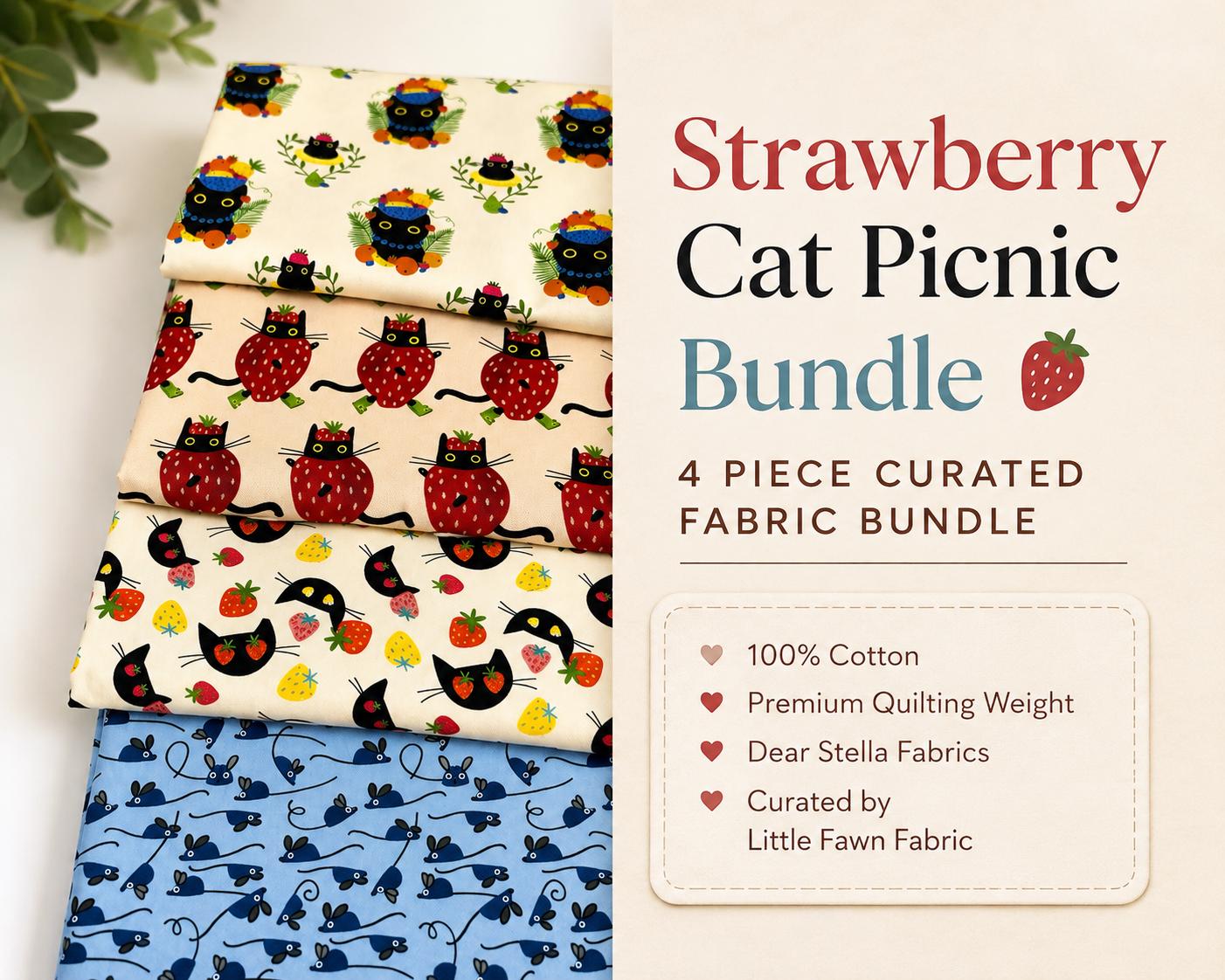 Strawberry Cat Picnic Bundle | Leezaworks Fabric Bundle | Dear Stella Berry Nice Collection | Cat Fabric Bundle | Fat Quarter or Half Yard