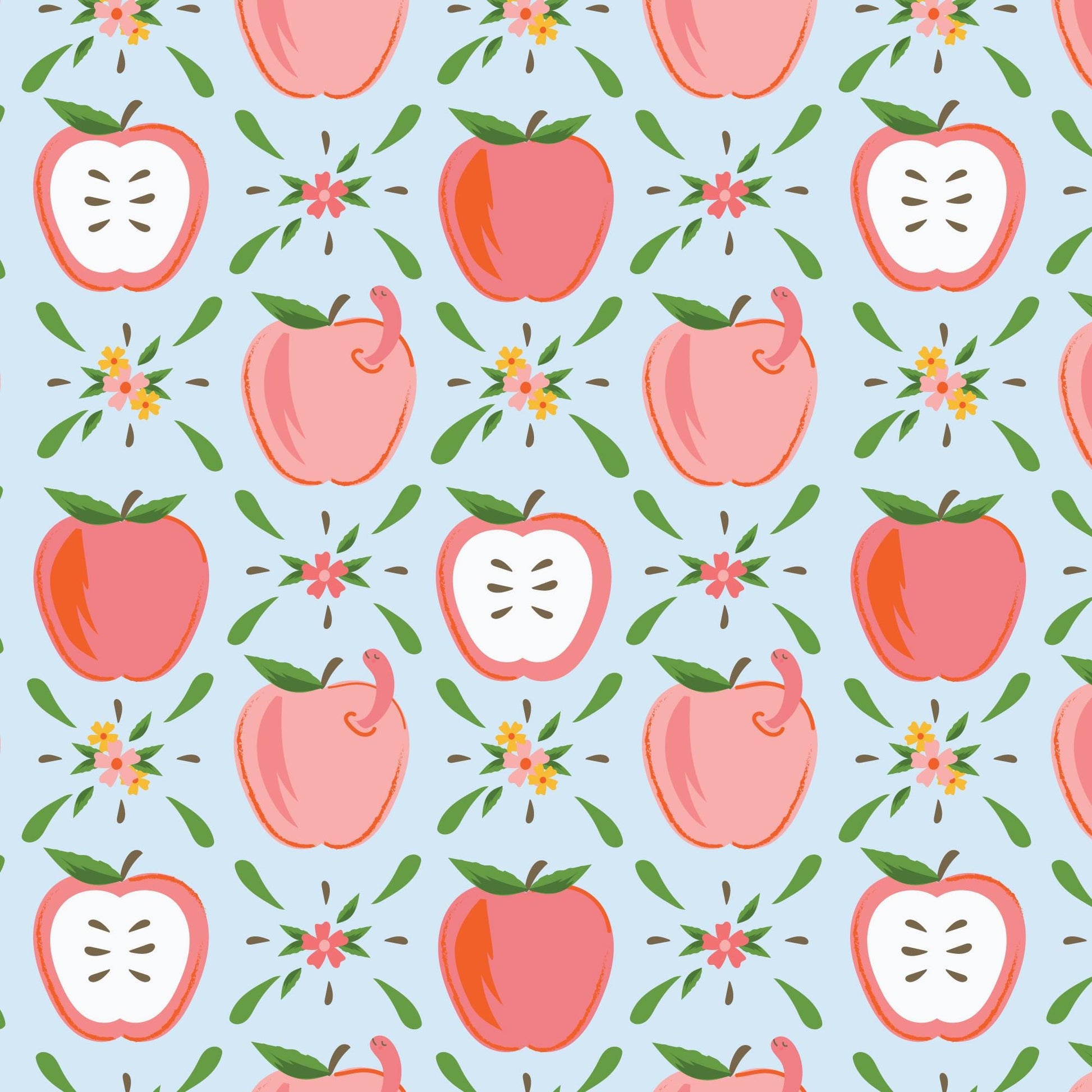 Apples & Wiggles Blue Fabric by the Yard | Bookworm Collection | Jayme Marie Designs | Cloud9 Fabrics | Apple Fabric | Teacher Quilt Fabric