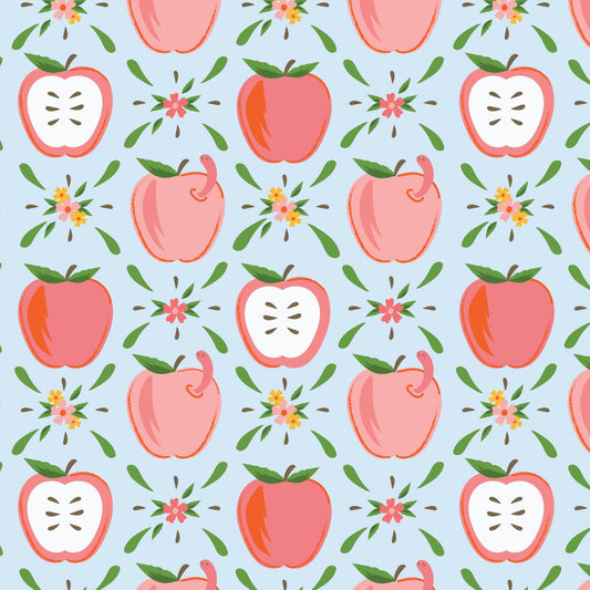 Apples & Wiggles Blue Fabric by the Yard | Bookworm Collection | Jayme Marie Designs | Cloud9 Fabrics | Apple Fabric | Teacher Quilt Fabric