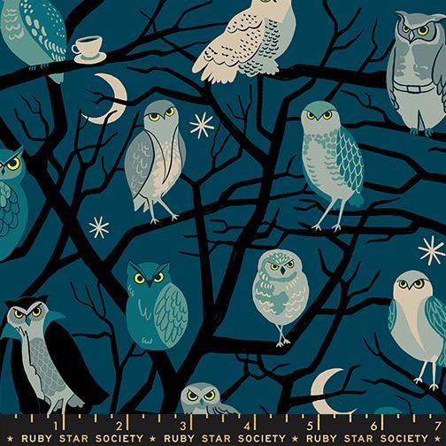 Freaky Familiars Galaxy Owls Fabric, Ruby Star Society RS5190 12, Halloween Owl Fabric, Dark Green Quilting Cotton