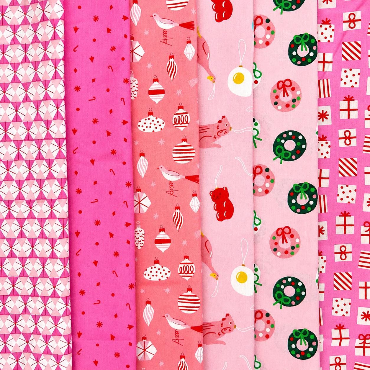 Pink Christmas Bundle | 6 Fat Quarters | Merry Happy by Kimberly Kight | Ruby Star Society Christmas Fabric Bundle | Pink Holiday Fabric