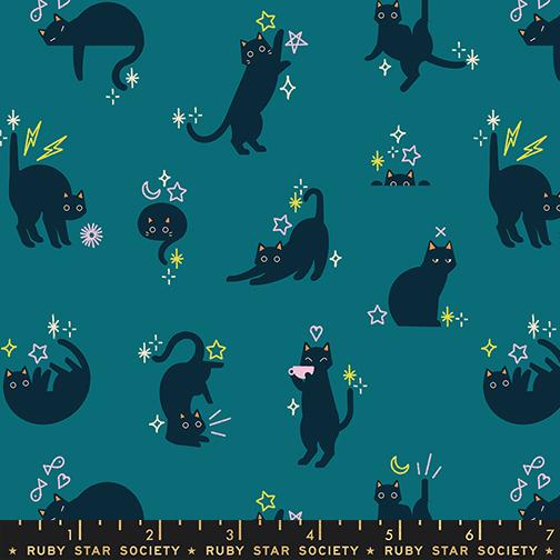 Freaky Familiars Storytime Cat Fabric, Ruby Star Society RS5193 14, Halloween Black Cat Fabric, Teal Quilting Cotton