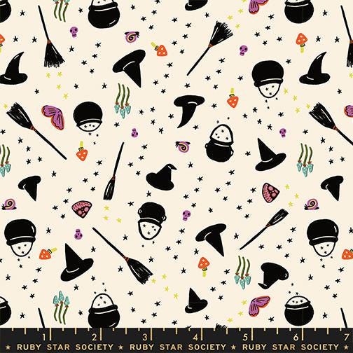 Freaky Familiars Natural Witch Fabric, Ruby Star Society RS5195 11, Halloween Witch Fabric, Natural Quilting Cotton