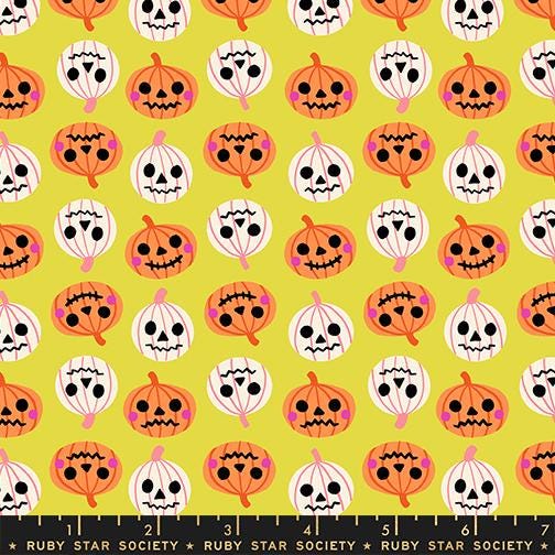 Freaky Familiars Citron Pumpkin Fabric, Ruby Star Society RS5196 12, Halloween Jack O Lantern Fabric, Yellow Quilting Cotton