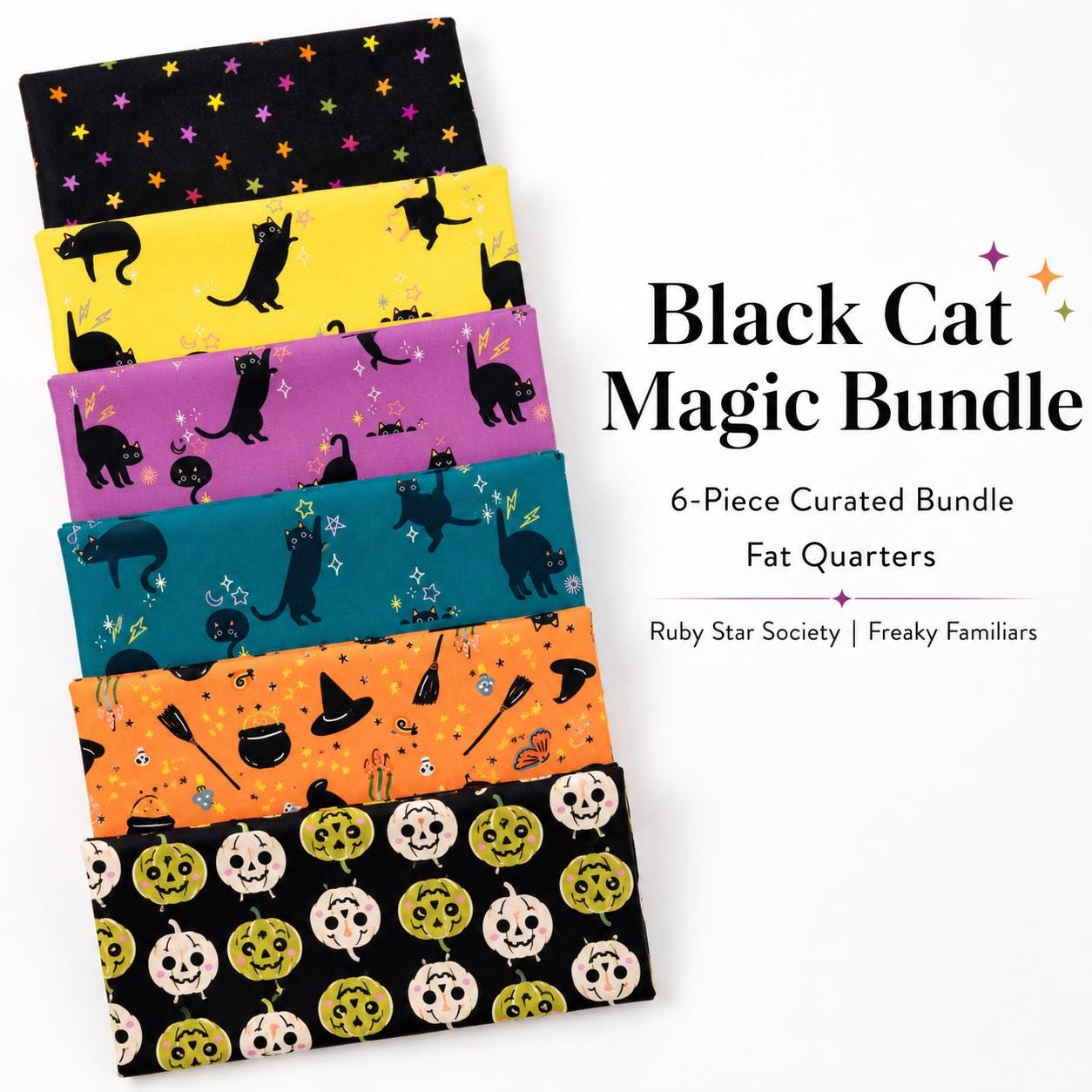 Black Cat Magic Halloween Fabric Bundle, Freaky Familiars Ruby Star Society, 6 Piece Fat Quarter Bundle