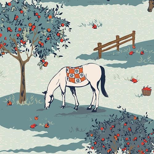 Equine Meadow Fabric, The Orchard by Maureen Cracknell, Art Gallery Fabrics, Horse Apple Tree Scenic Quilting Cotton, ORC-34710