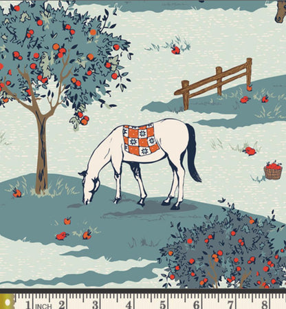 Equine Meadow Fabric, The Orchard by Maureen Cracknell, Art Gallery Fabrics, Horse Apple Tree Scenic Quilting Cotton, ORC-34710