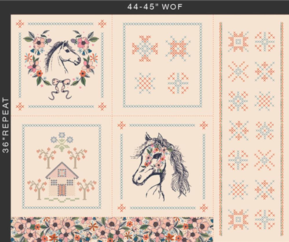 Horse Story Panel, The Orchard by Maureen Cracknell, Art Gallery Fabrics, Equestrian Quilt Panel, ORC-34713