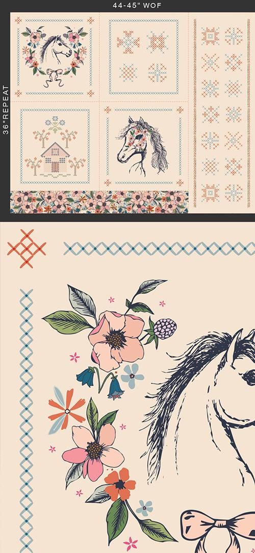Horse Story Panel, The Orchard by Maureen Cracknell, Art Gallery Fabrics, Equestrian Quilt Panel, ORC-34713