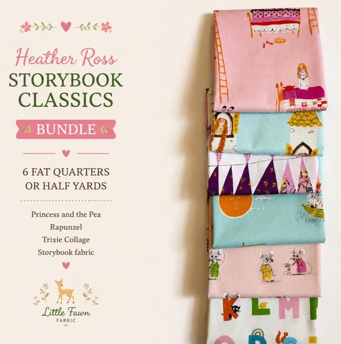 Heather Ross Storybook Classics Bundle | 6 Fat Quarters or Half Yards | Princess and the Pea | Rapunzel | Trixie Collage | Windham Fabrics