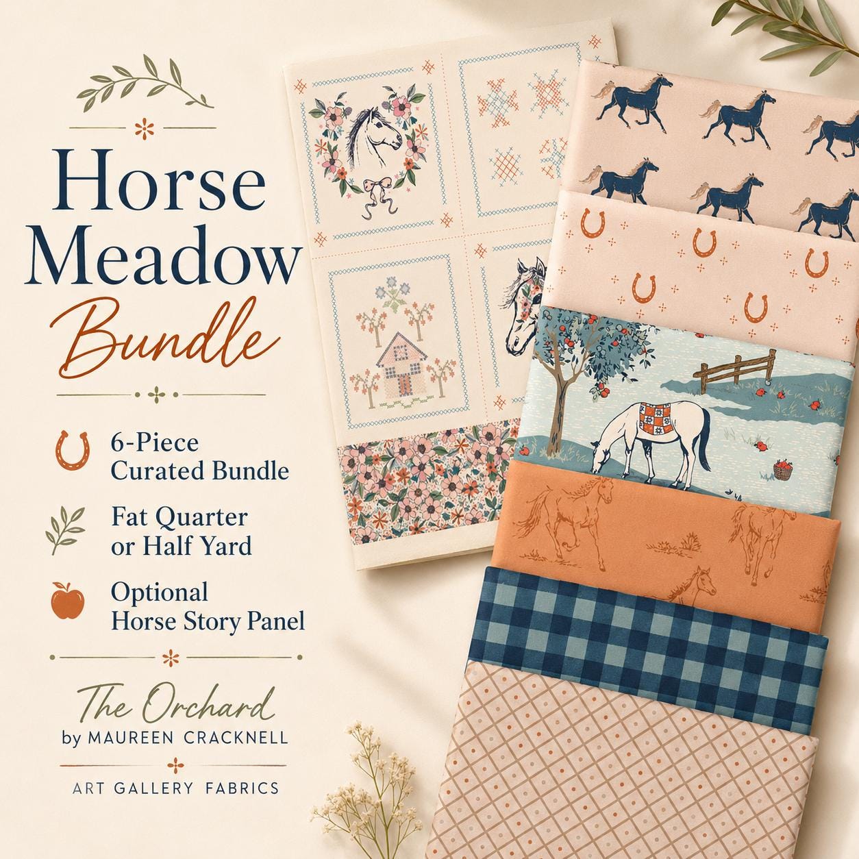 Horse Meadow Bundle – 6-Piece Horse & Equestrian Bundle – The Orchard by Maureen Cracknell – Art Gallery Fabrics