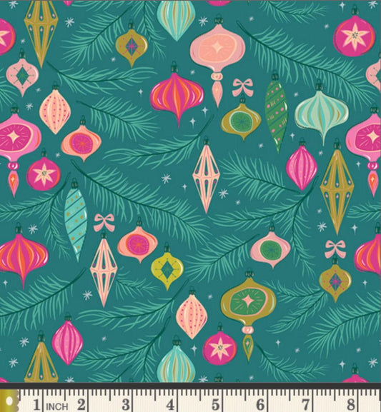 Jingle all the Way Spruce Fabric, Christmas in Color by AGF Studio, Teal Ornament Holiday Fabric CMC-25411