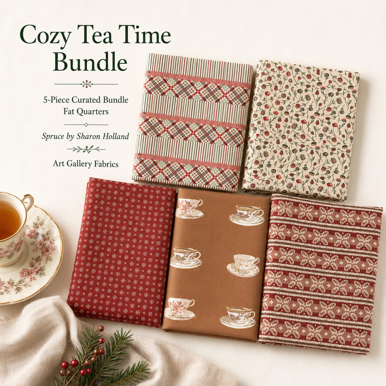 Cozy Tea Time Fat Quarter Bundle – Spruce by Sharon Holland – Art Gallery Fabrics – Teacup Floral Christmas Fabric Bundle