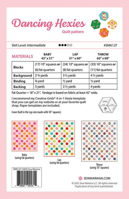 Dancing Hexies Quilt Pattern SMA127 Sew Mariana | Layer Cake Friendly Hexagon Quilt Pattern | No Y-Seams | 60 x 68 Throw