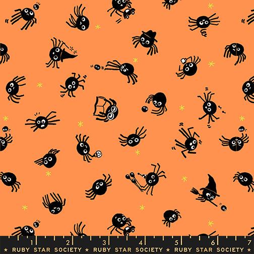 Freaky Familiars Pumpkin Spider Fabric, Ruby Star Society RS5191 13, Halloween Spider Fabric, Orange Quilting Cotton