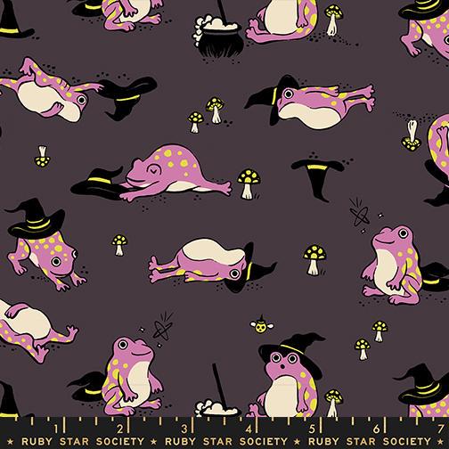 Freaky Familiars Eggplant Frog Fabric, Ruby Star Society RS5192 15, Halloween Frog Fabric, Dark Brown Quilting Cotton