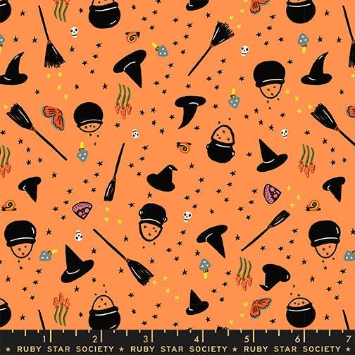 Freaky Familiars Pumpkin Witch Fabric, Ruby Star Society RS5195 12, Halloween Witch Hat Fabric, Orange Quilting Cotton