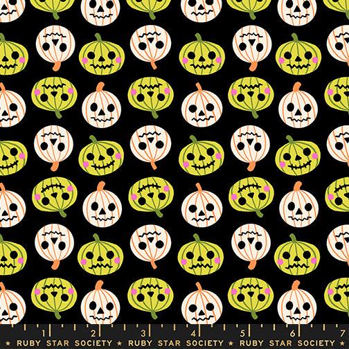 Freaky Familiars Black Pumpkin Fabric, Ruby Star Society RS5196 14, Halloween Jack O Lantern Fabric, Black Quilting Cotton