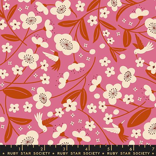 Persimmon Blossoms Hibiscus Fabric RS1121 11 by Rashida Coleman Hale for Ruby Star Society, Pink Floral Hummingbird Quilt Fabric