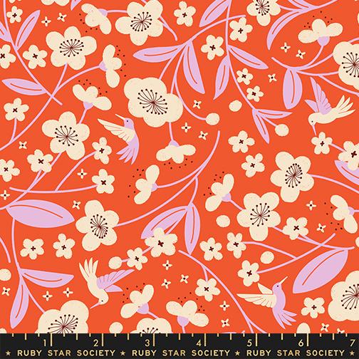 Persimmon Blossoms Warm Red Fabric RS1121 12 by Rashida Coleman Hale for Ruby Star Society, Orange Floral Hummingbird Quilt Fabric