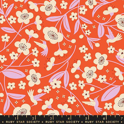 Persimmon Blossoms Warm Red Fabric RS1121 12 by Rashida Coleman Hale for Ruby Star Society, Orange Floral Hummingbird Quilt Fabric