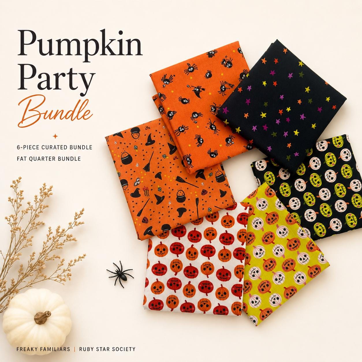 Pumpkin Party Halloween Fabric Bundle, Freaky Familiars Ruby Star Society, Jack O Lantern Fat Quarter Bundle