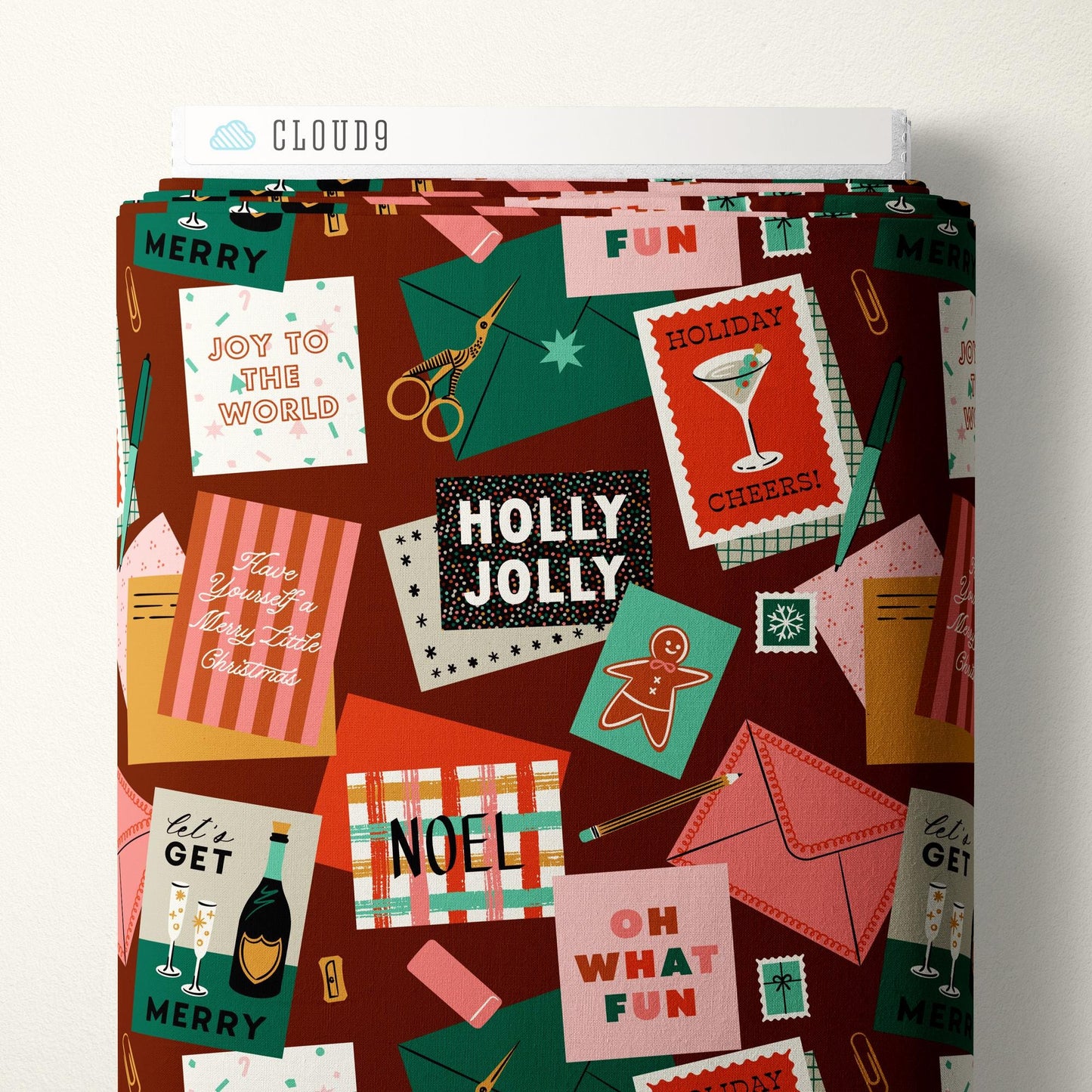 Merry Messages Burgundy Christmas Fabric | Shelby Warwood Cloud9 Fabrics | Organic Cotton Retro Holiday Cards Quilting Cotton
