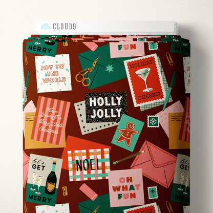 Merry Messages Burgundy Christmas Fabric | Shelby Warwood Cloud9 Fabrics | Organic Cotton Retro Holiday Cards Quilting Cotton