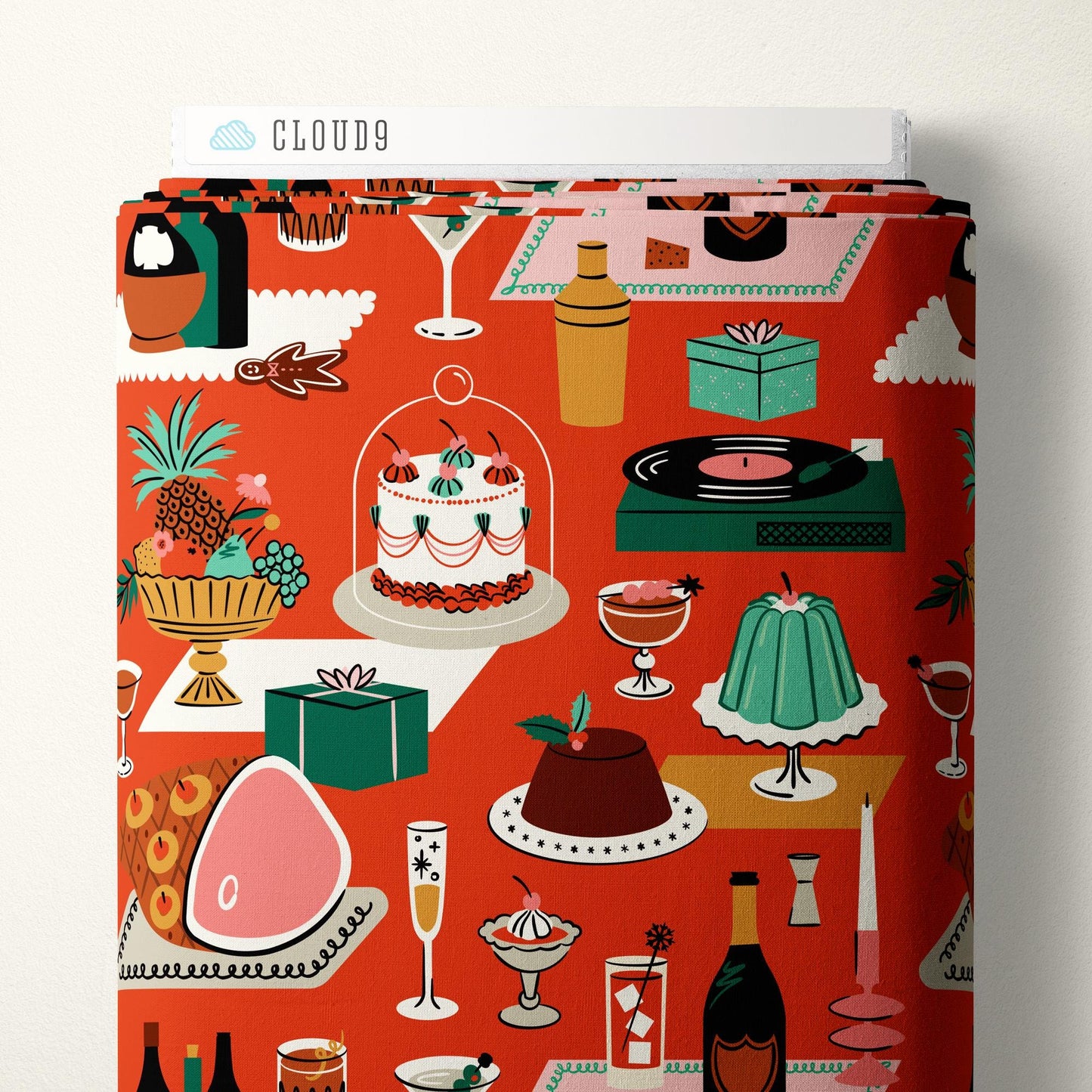Holiday Soirée Red Christmas Fabric | Shelby Warwood Cloud9 Fabrics | Organic Cotton Retro Holiday Party Quilting Cotton