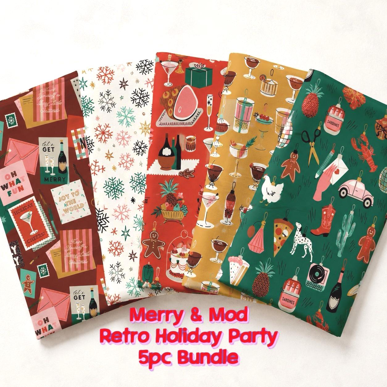 Merry & Mod Christmas Fabric Bundle | 5 Fat Quarters or Half Yards | Shelby Warwood Cloud9 Fabrics | Retro Holiday Organic Cotton