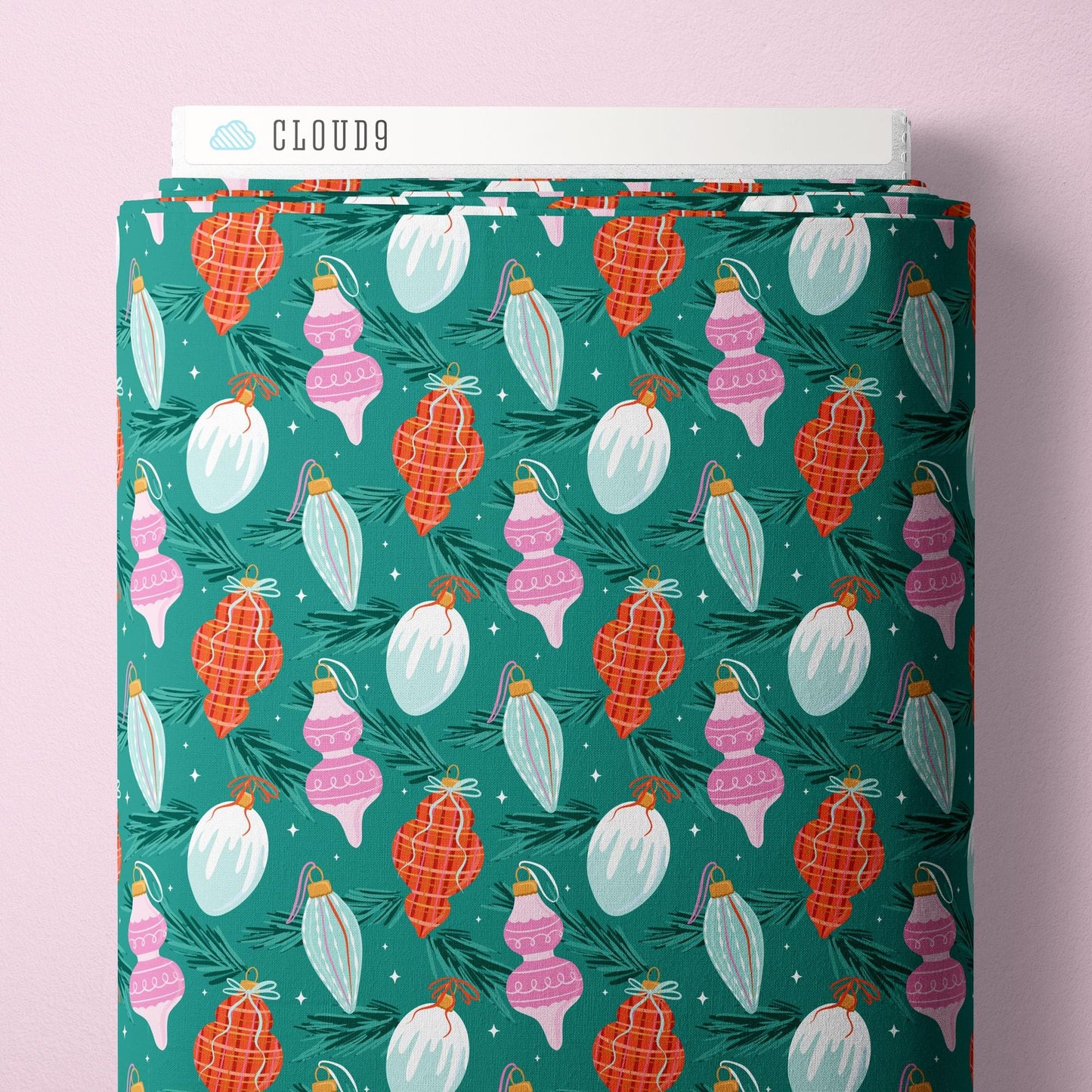 Brilliant Baubles Turquoise Christmas Fabric | Whim and Joy Cloud9 Fabrics | Organic Cotton Retro Ornament Quilting Fabric