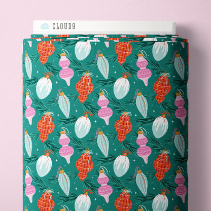 Brilliant Baubles Turquoise Christmas Fabric | Whim and Joy Cloud9 Fabrics | Organic Cotton Retro Ornament Quilting Fabric