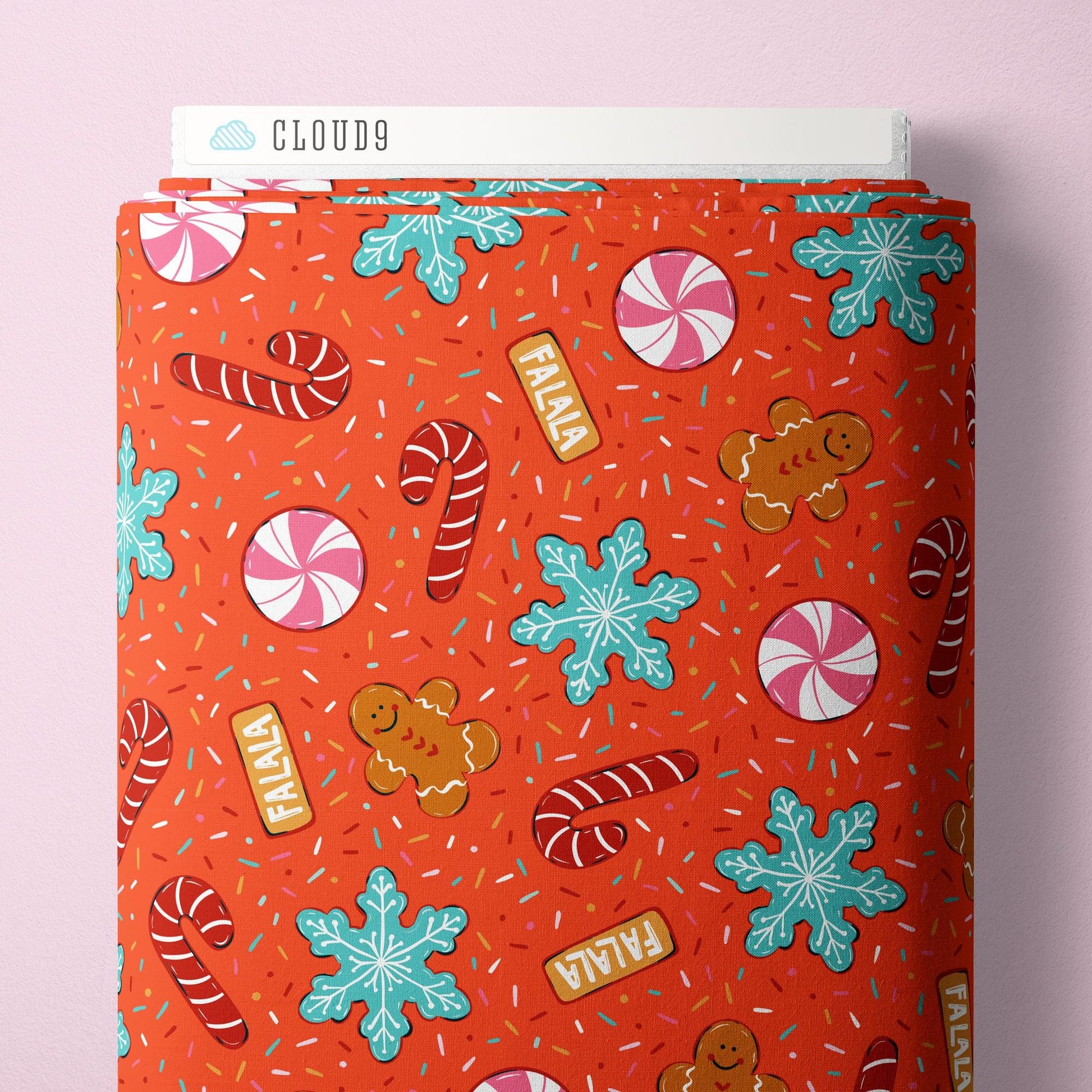 Cookies Chaos Red Christmas Fabric | Whim and Joy Cloud9 Fabrics | Jolly Tidings Organic Cotton Candy Cane Holiday Quilting Fabric