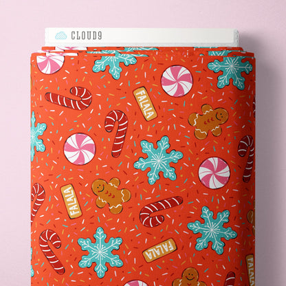 Cookies Chaos Red Christmas Fabric | Whim and Joy Cloud9 Fabrics | Jolly Tidings Organic Cotton Candy Cane Holiday Quilting Fabric