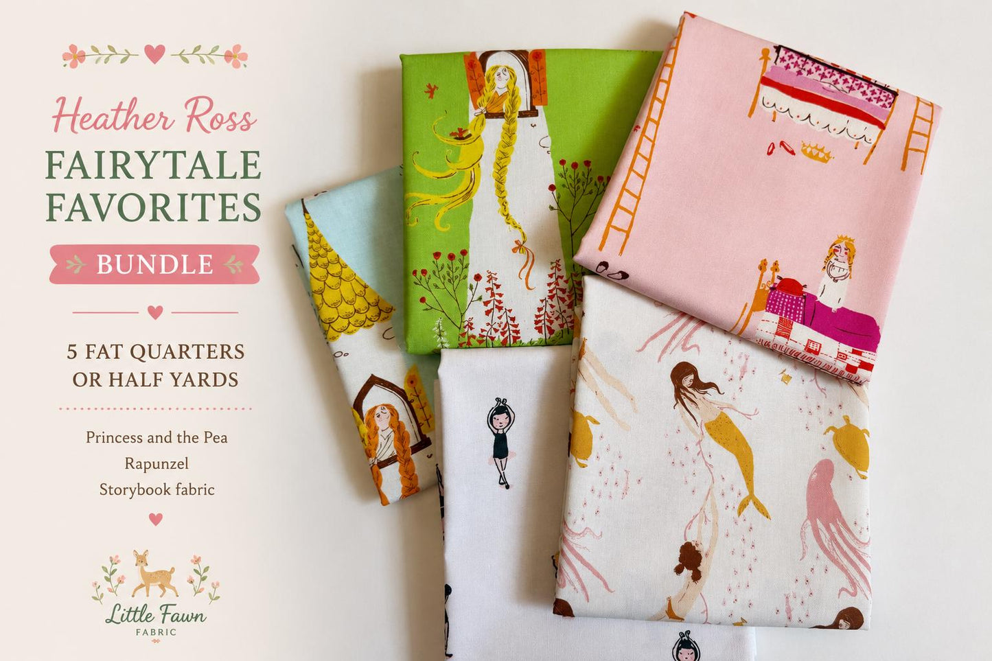Heather Ross Fairytale Favorites Bundle | 5 Fat Quarters or Half Yards | Princess and the Pea | Rapunzel | Storybook Fabric Bundle
