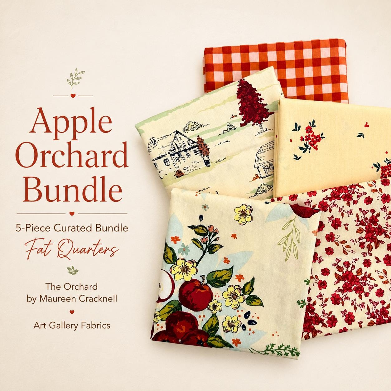 Apple Orchard Fabric Bundle, The Orchard by Maureen Cracknell, Art Gallery Fabrics, 5 Piece Fat Quarter Bundle