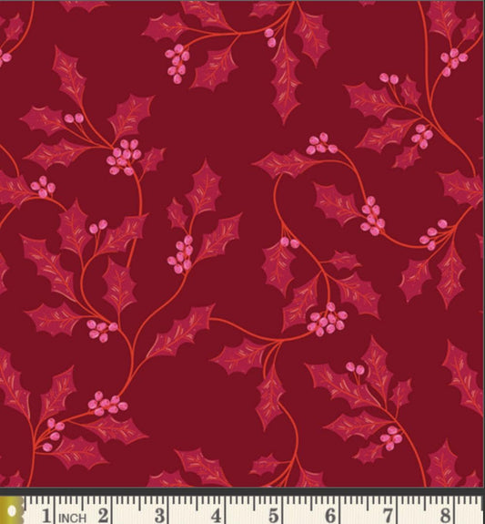 Berry & Bloom Fabric, Christmas in Color by AGF Studio, Cranberry Holly Floral Fabric CMC-25410