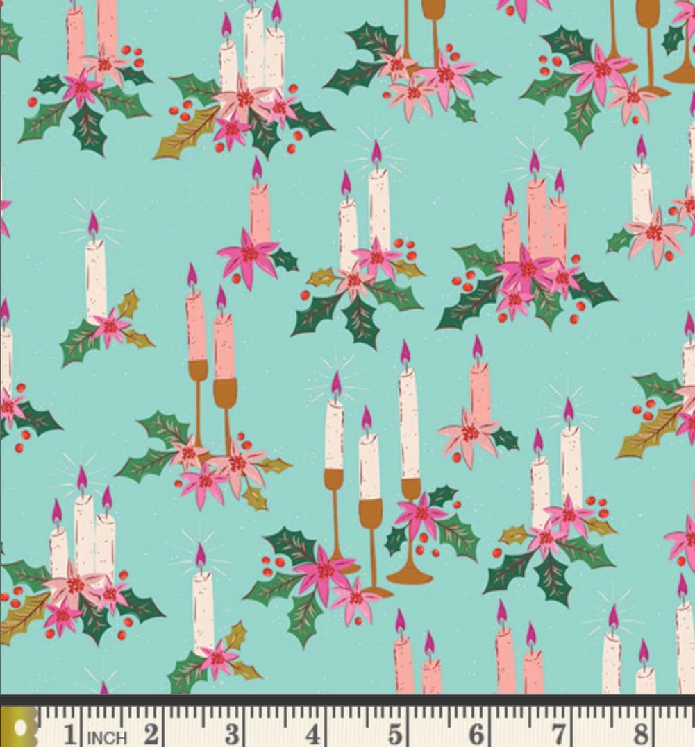 Holiday Glow Fabric, Christmas in Color by AGF Studio, Candle Holly Aqua Christmas Fabric CMC-25413