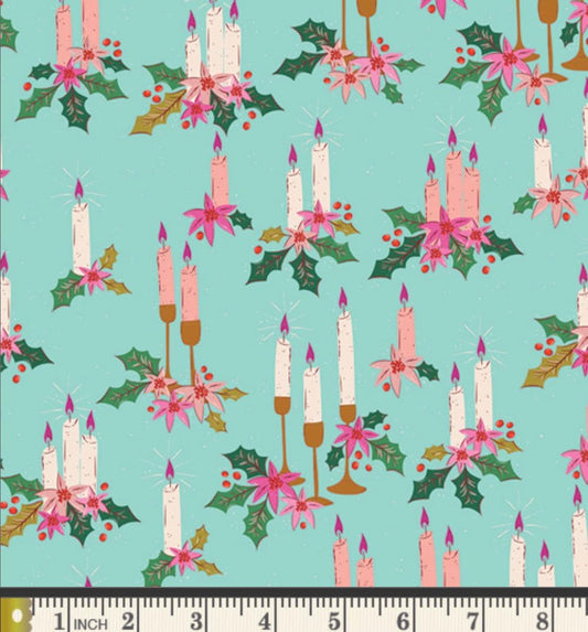 Holiday Glow Fabric, Christmas in Color by AGF Studio, Candle Holly Aqua Christmas Fabric CMC-25413