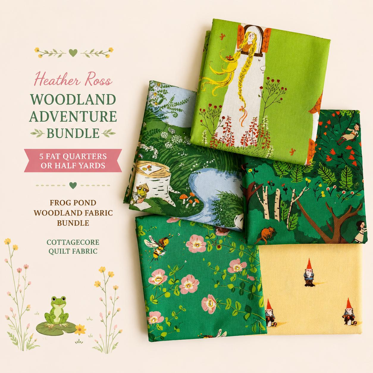 Heather Ross Woodland Adventure Bundle | 5 Fat Quarters or Half Yards | Frog Pond | Woodland Fabric Bundle | Cottagecore Quilt Fabric