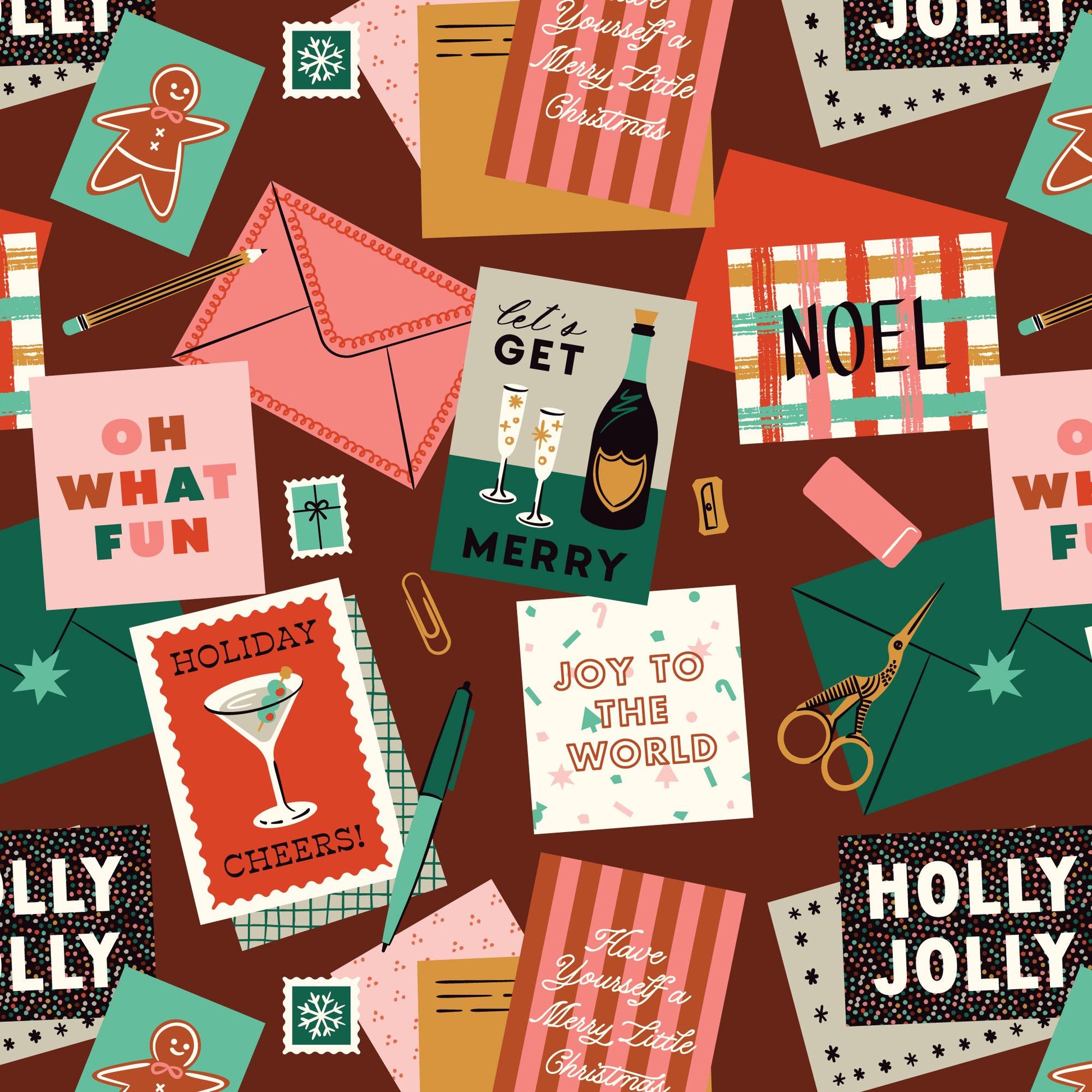 Merry Messages Burgundy Christmas Fabric | Shelby Warwood Cloud9 Fabrics | Organic Cotton Retro Holiday Cards Quilting Cotton