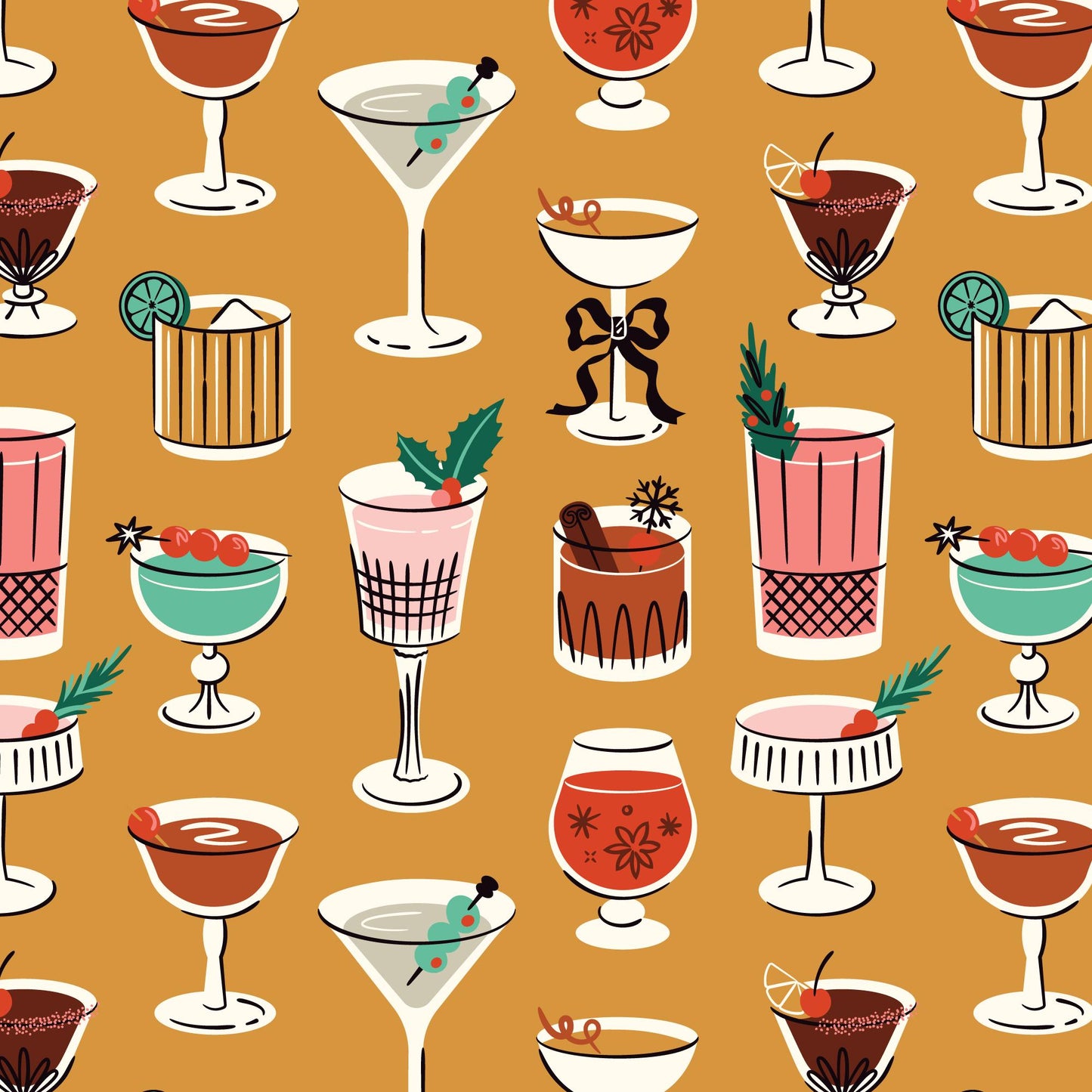 Tinsel & Tinis Gold Christmas Fabric | Shelby Warwood Cloud9 Fabrics | Organic Cotton Retro Holiday Cocktail Quilting Fabric