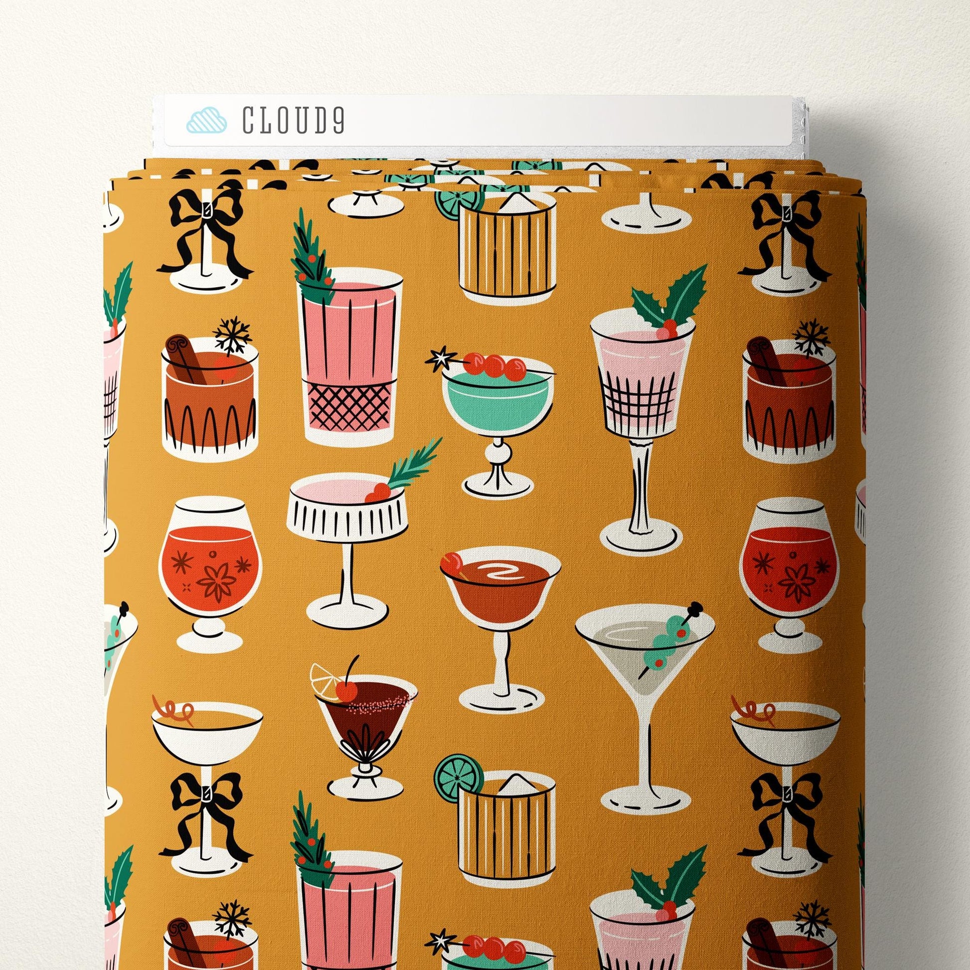 Tinsel & Tinis Gold Christmas Fabric | Shelby Warwood Cloud9 Fabrics | Organic Cotton Retro Holiday Cocktail Quilting Fabric