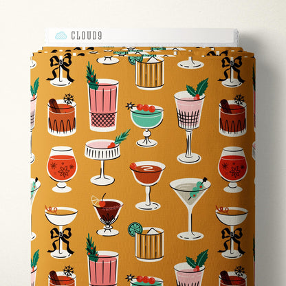 Tinsel & Tinis Gold Christmas Fabric | Shelby Warwood Cloud9 Fabrics | Organic Cotton Retro Holiday Cocktail Quilting Fabric